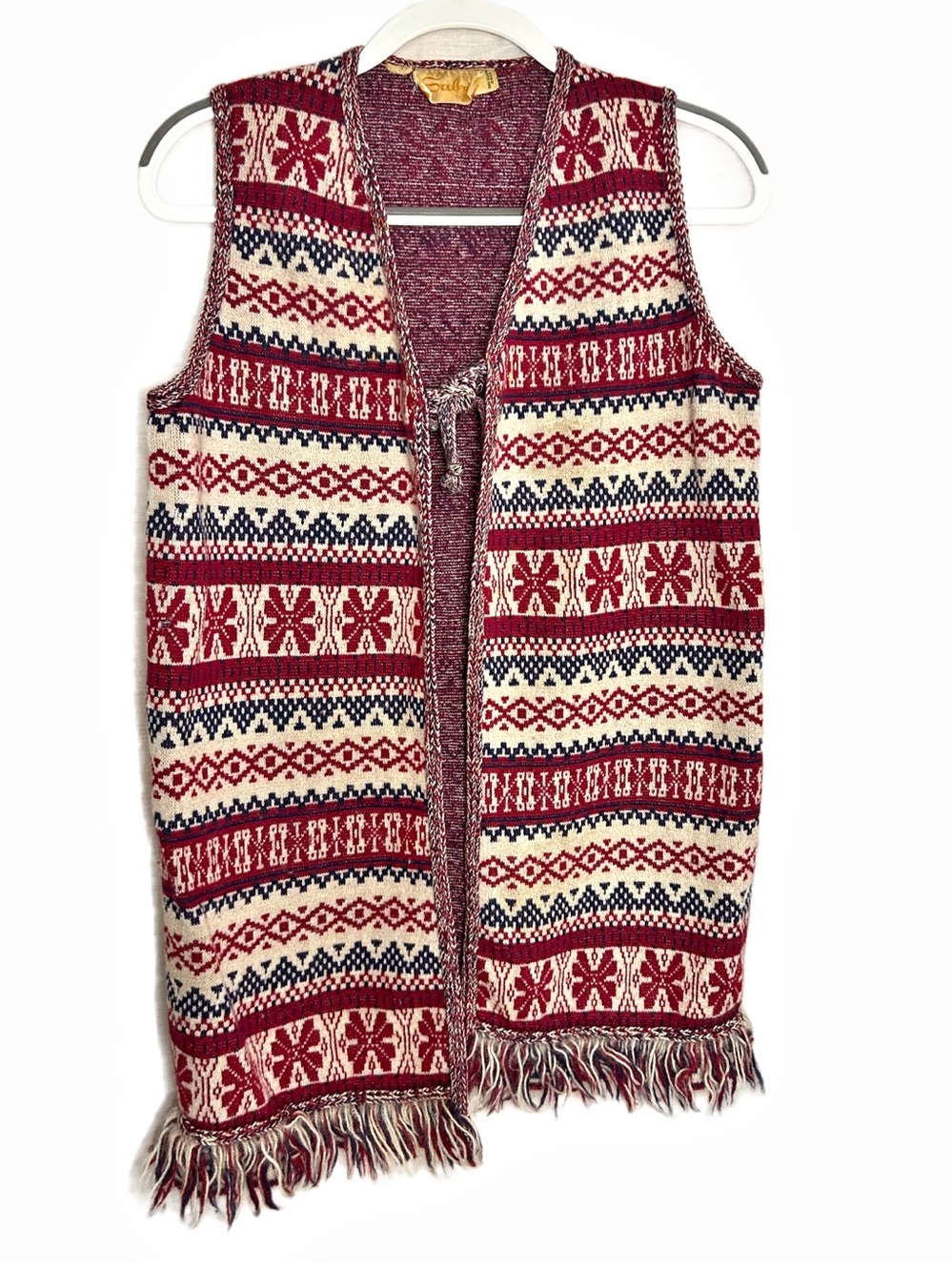 Vintage 70s Sabra Knit Fringed Sweater Vest Boho Fair Isle Red Cream M